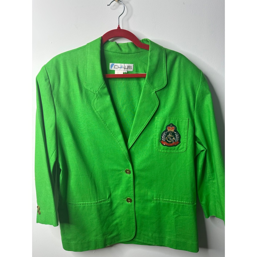 Chaus Womens Vintage Kelly Green Nautical Crest Blazer Rayon Cotton Blend Large